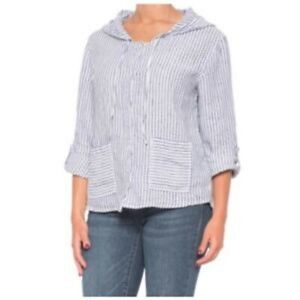 Tahari 100% Linen Striped Hooded Button Front Shirt Jacket S